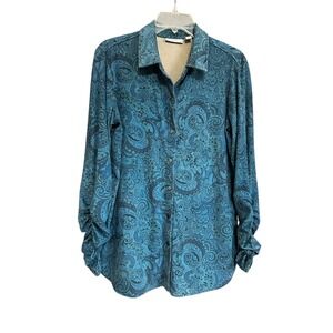 Susan Graver Petite Sz M Printed Faux Suede Knit Long Sleeve Shirt Snap Front